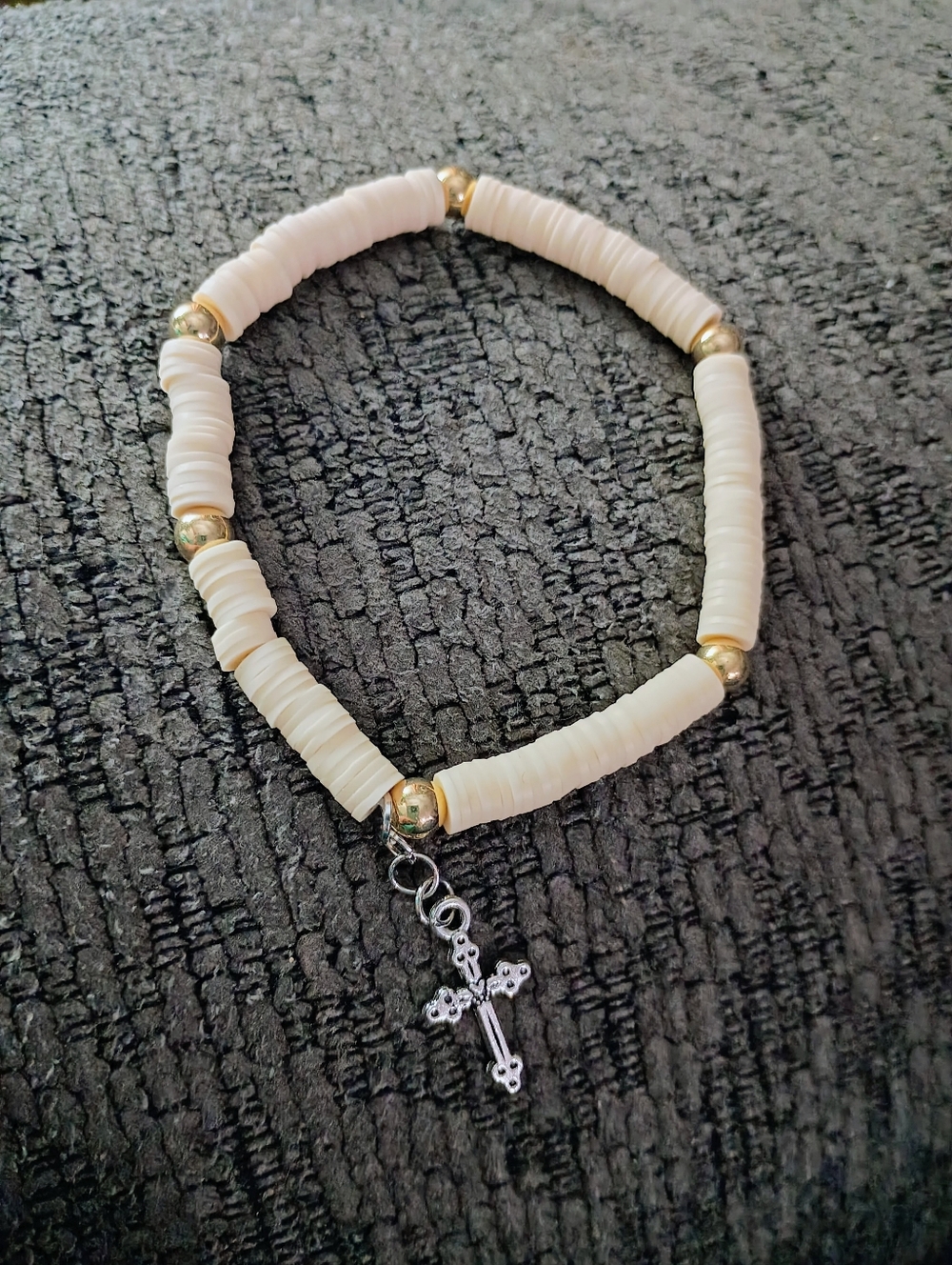 Gold & Ivory Bead Stretch Bracelet with Cross Charm